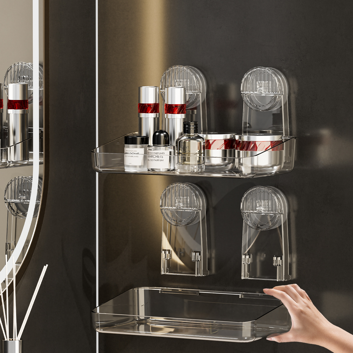 Potente estante de almacenamiento con ventosa, suspensión desmontable, estante de ducha de secado y drenaje, estante de almacenamiento, suministros de baño de acrílico moldeado por inyección, estante de almacenamiento de uso diverso