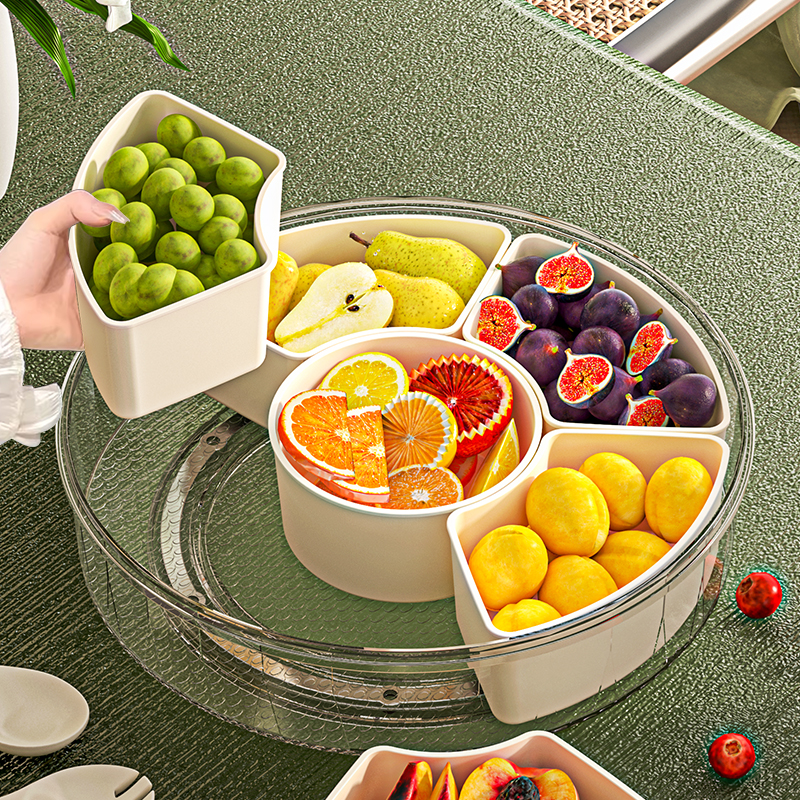 Bandeja giratoria para frutas con 6 compartimentos, bandeja transparente dividida para servir especias y aperitivos, caja giratoria para aperitivos con tapa