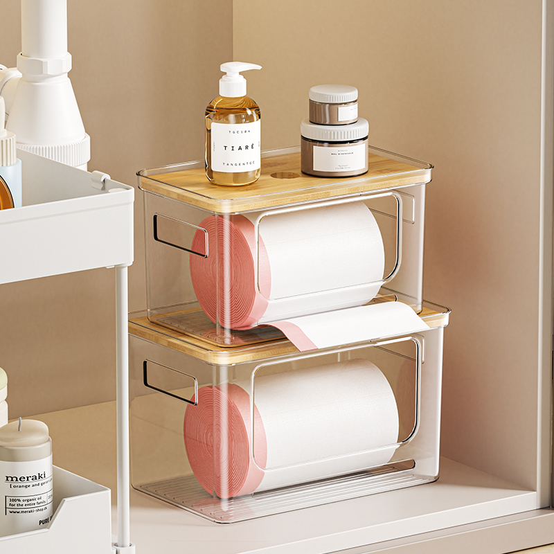 Contenedores de almacenamiento frontal abierto apilables transparentes, estantes apilables, tapas de bambú, despensa de cocina, organizador para frigorífico, contenedores de plástico PET