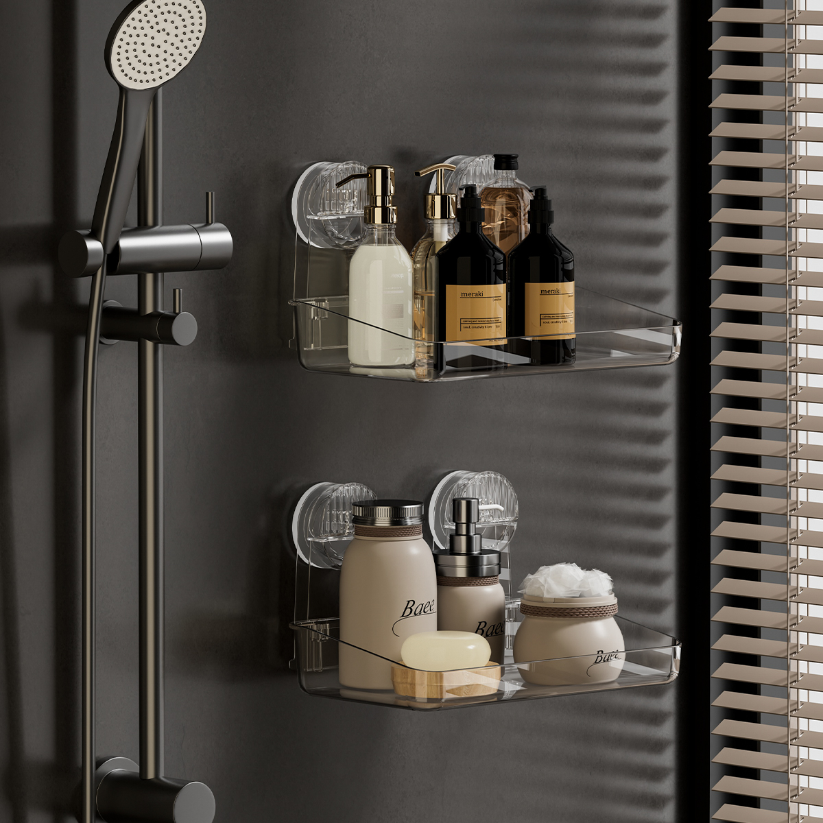 Potente estante de almacenamiento con ventosa, suspensión desmontable, estante de ducha de secado y drenaje, estante de almacenamiento, suministros de baño de acrílico moldeado por inyección, estante de almacenamiento de uso diverso