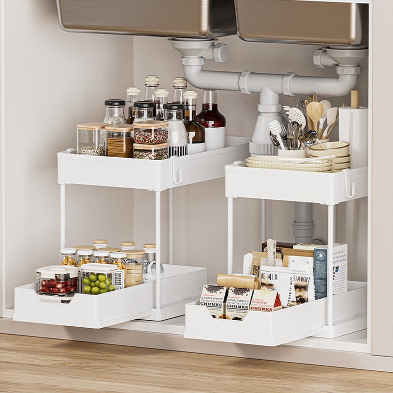 Organizadores debajo del fregadero de 2 niveles y cajón organizador de cesta de gabinete multiusos de almacenamiento para cocina debajo