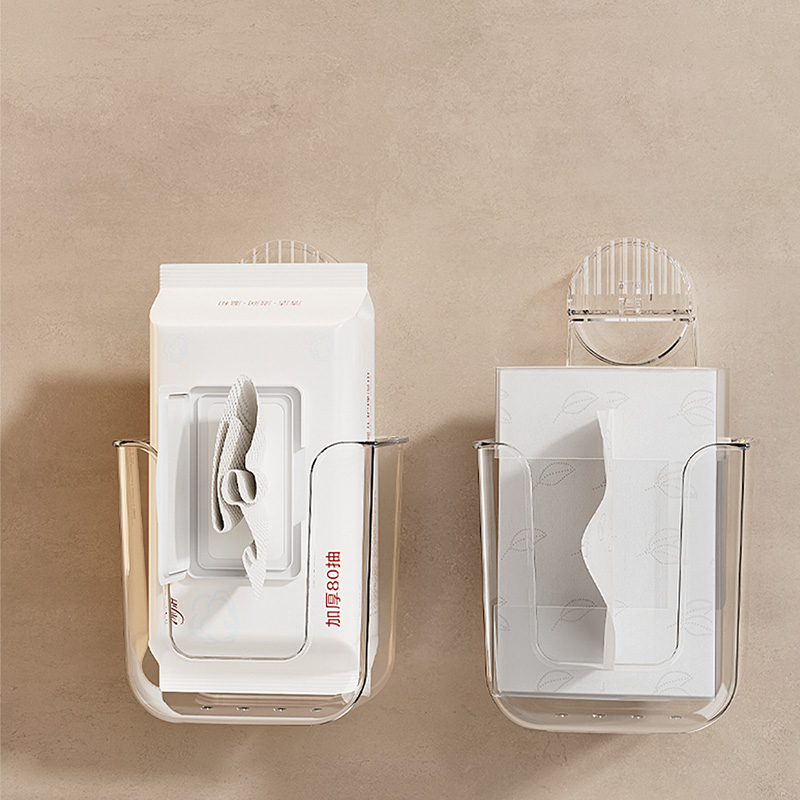 Caja de pañuelos montada en la pared con ventosa, hecha de acrílico, utilizada para almacenar pañuelos y pañuelos faciales