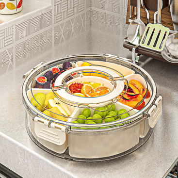 Bandeja giratoria para frutas con 6 compartimentos, bandeja transparente dividida para servir especias y aperitivos, caja giratoria para aperitivos con tapa