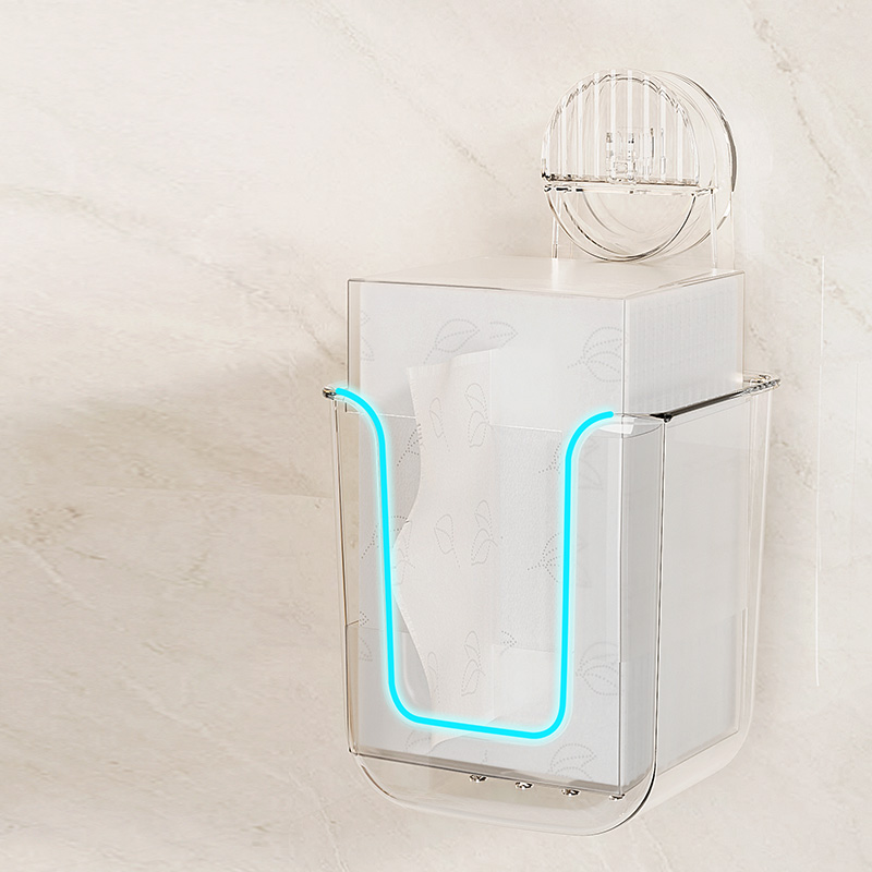 Caja de pañuelos montada en la pared con ventosa, hecha de acrílico, utilizada para almacenar pañuelos y pañuelos faciales