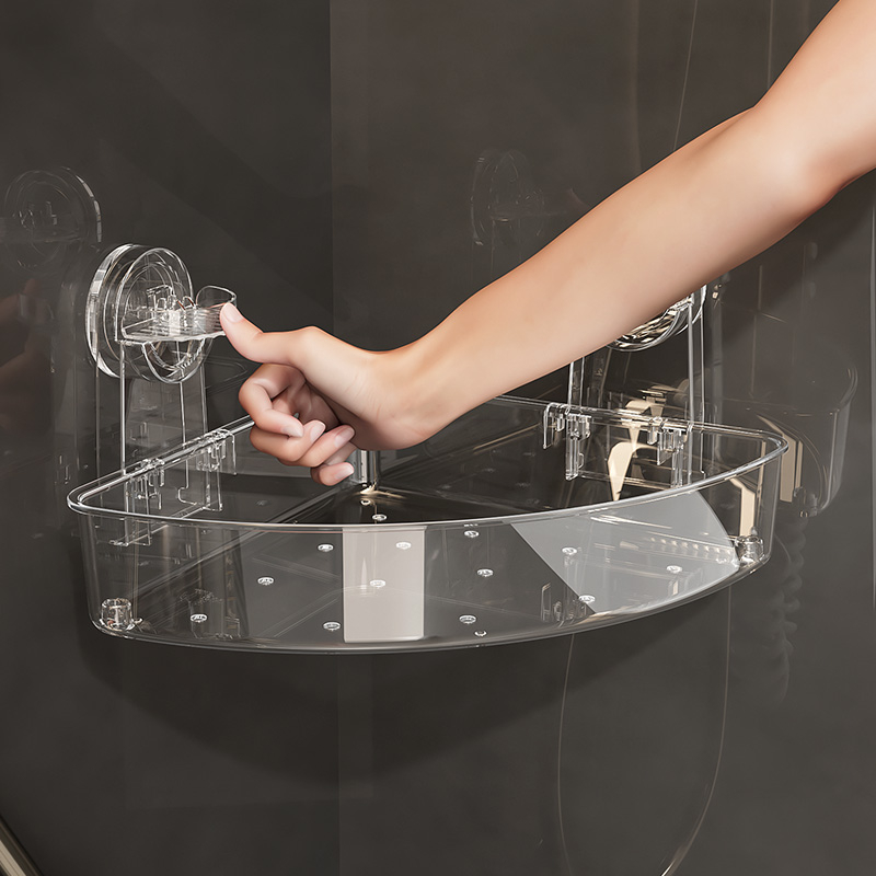 Caddy de ducha de esquina con succión al vacío, venta al por mayor, rinconera de acrílico para el baño, almacenamiento con ventosa, organizador de ducha, estantes de pared