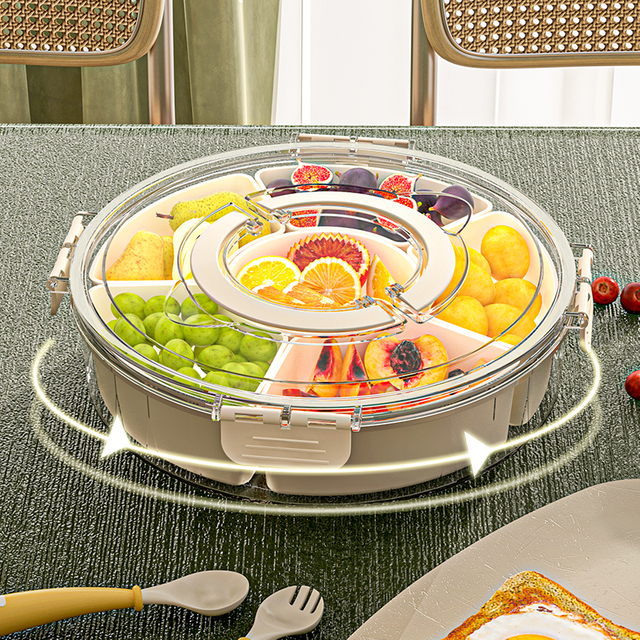 Bandeja giratoria para frutas con 6 compartimentos, bandeja transparente dividida para servir especias y aperitivos, caja giratoria para aperitivos con tapa