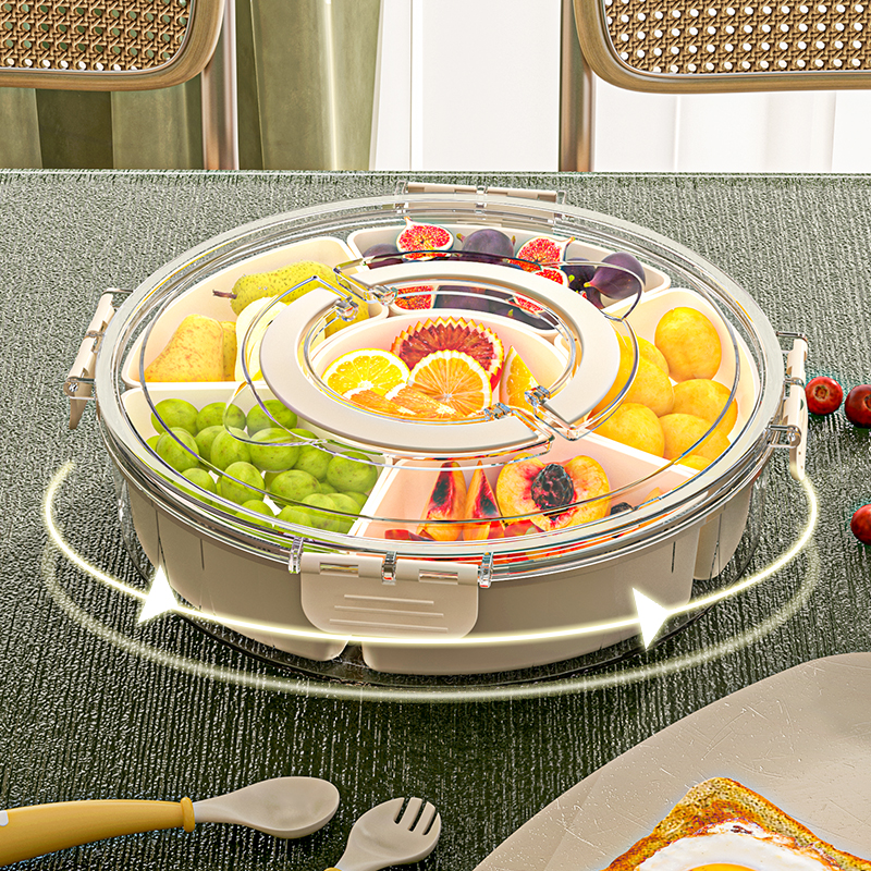 Bandeja giratoria para frutas con 6 compartimentos, bandeja transparente dividida para servir especias y aperitivos, caja giratoria para aperitivos con tapa