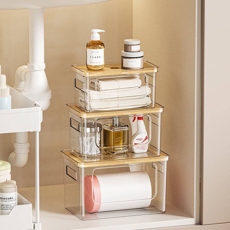 Contenedores de almacenamiento frontal abierto apilables transparentes, estantes apilables, tapas de bambú, despensa de cocina, organizador para frigorífico, contenedores de plástico PET