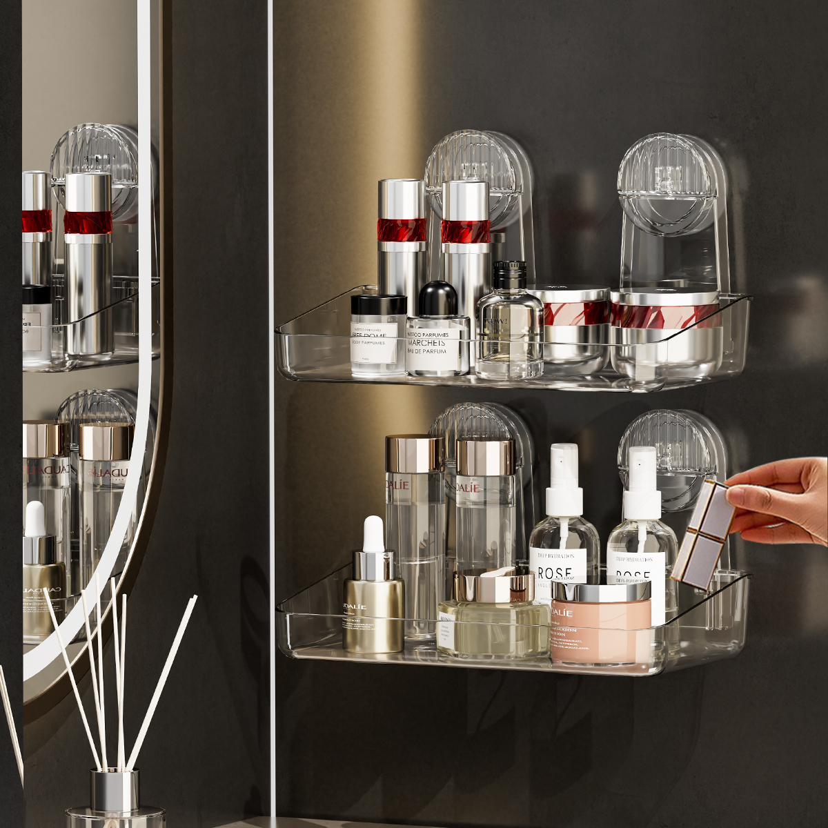 Potente estante de almacenamiento con ventosa, suspensión desmontable, estante de ducha de secado y drenaje, estante de almacenamiento, suministros de baño de acrílico moldeado por inyección, estante de almacenamiento de uso diverso